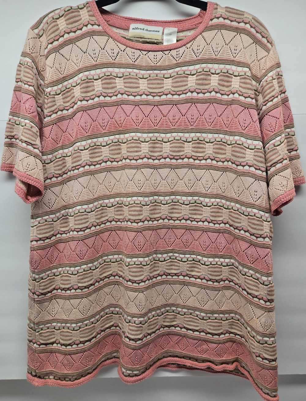 Alfred Dunner Pink Plus Size 1X Beige Green Geometric Knit Short Sleeve Pullover